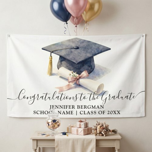 Elegant Watercolor Navy Cap and Diploma Graduation Banner