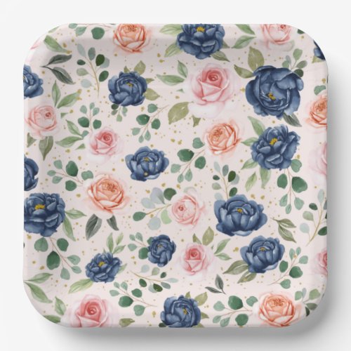 Elegant Watercolor Navy Coral Floral Paper Plates