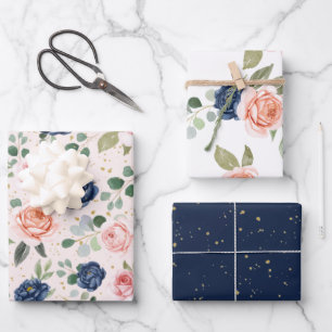 Elegant Watercolor Navy Coral Floral Wrapping Paper Sheets