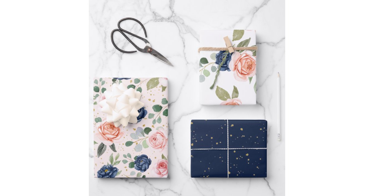 Elegant Watercolor Navy Coral Floral Wrapping Paper Sheets | Zazzle