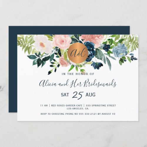 Elegant watercolor navy floral bridesmaids brunch invitation