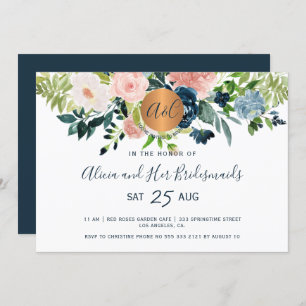 Elegant watercolor navy floral bridesmaids brunch invitation