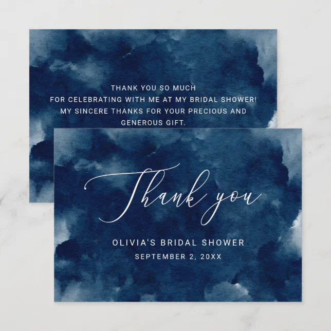 Elegant watercolor navy nautical bridal shower thank you card | Zazzle