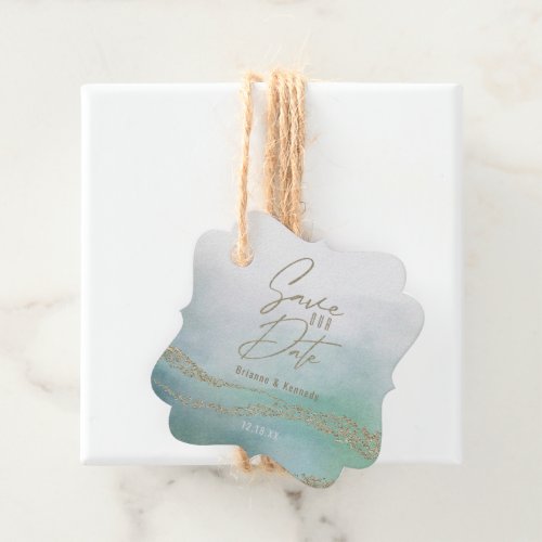 Elegant Watercolor Ocean Aqua  Gold Save the Date Favor Tags