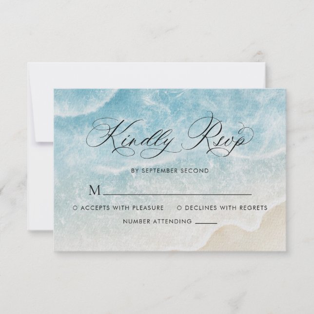 Elegant Watercolor Ocean Beach Script Wedding RSVP Card (Front)