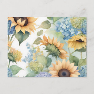 Elegant Watercolor of Sunflowers and Hydrangeas Postcard