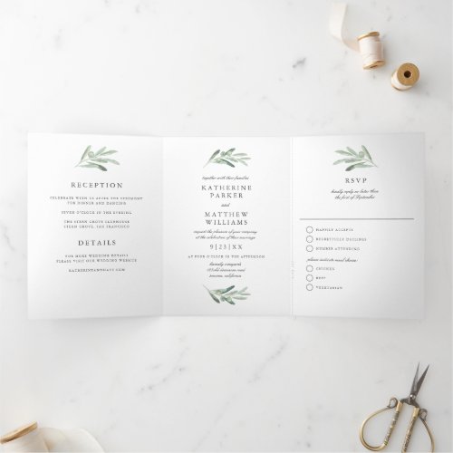 Elegant Watercolor Olive Branch All_In_One Wedding Tri_Fold Invitation