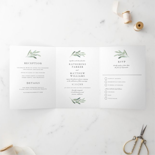 Elegant Watercolor Olive Branch All-In-One Wedding Tri-Fold Invitation (Inside)