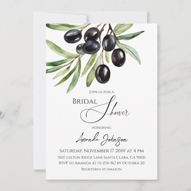 Elegant Watercolor Olive Branch Bridal Shower Invitation (Front)