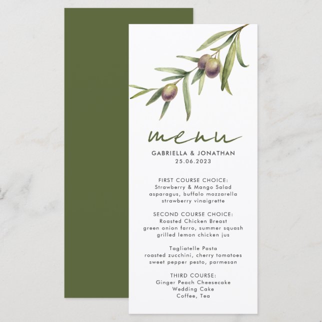 Elegant Watercolor Olive Branch Wedding Menu (Front/Back)
