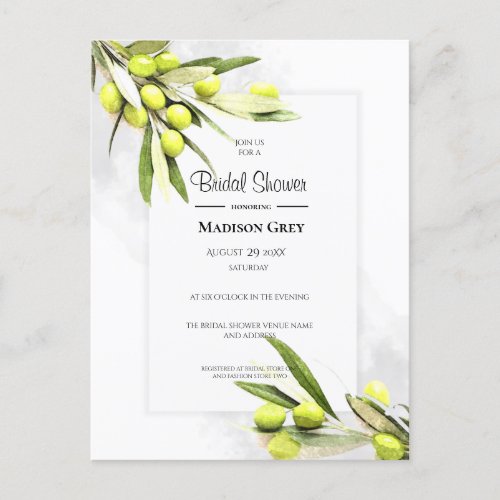 Elegant Watercolor Olive Branches Bridal Shower Invitation Postcard