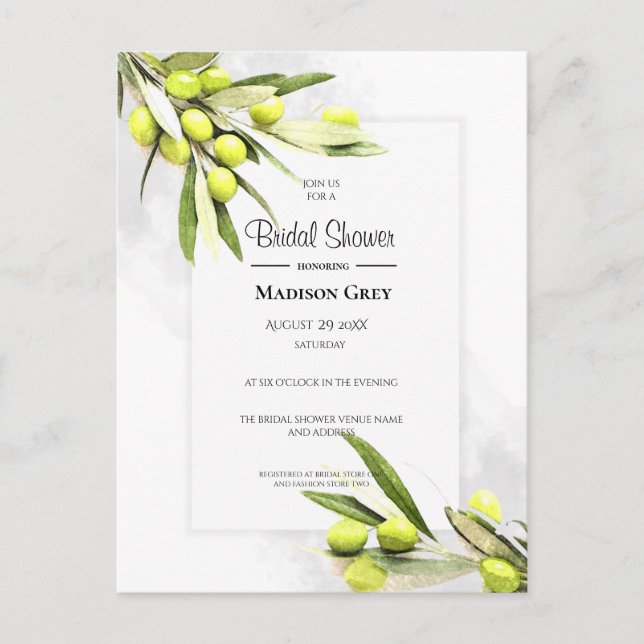 Elegant Watercolor Olive Branches Bridal Shower Invitation Postcard (Front)