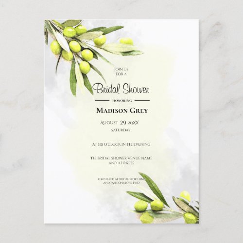 Elegant Watercolor Olive Branches Bridal Shower Invitation Postcard