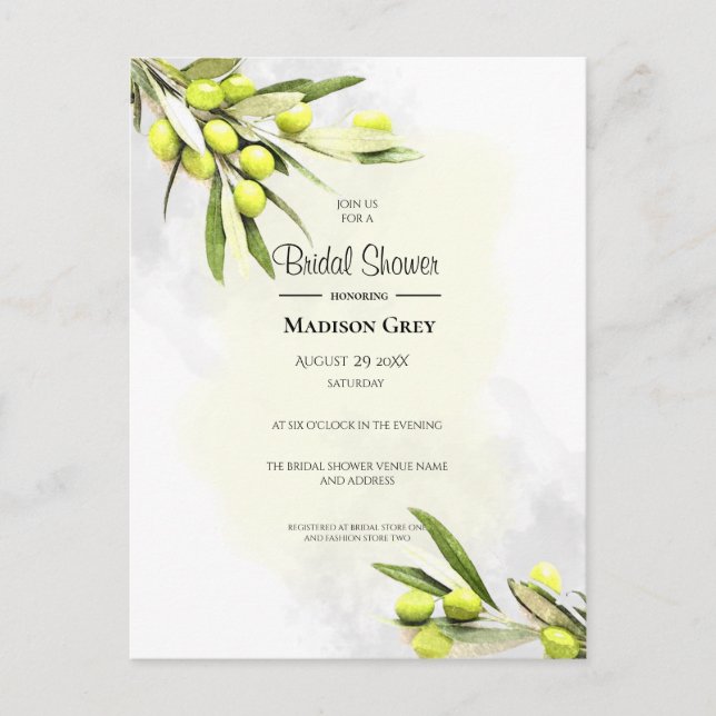 Elegant Watercolor Olive Branches Bridal Shower Invitation Postcard (Front)