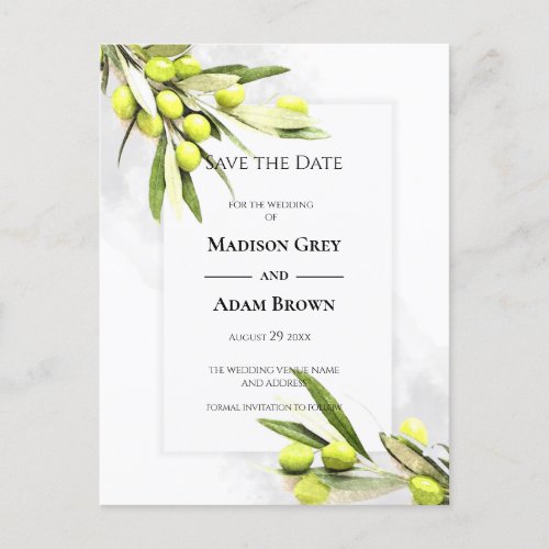 Elegant Watercolor Olive Branches Save the Date Announcement Postcard