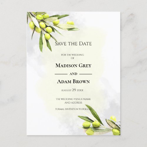 Elegant Watercolor Olive Branches Save the Date Announcement Postcard