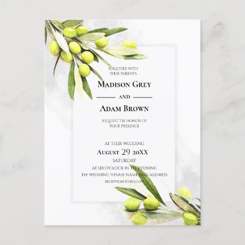 Elegant Watercolor Olive Branches Wedding Invitation Postcard