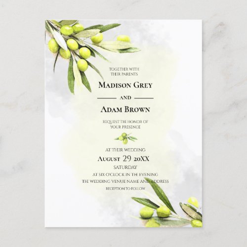 Elegant Watercolor Olive Branches Wedding Invitation Postcard