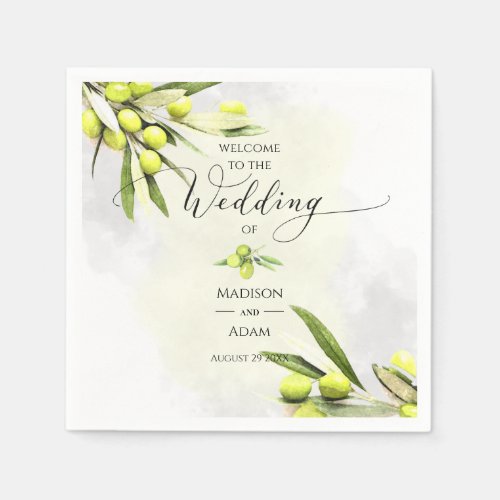 Elegant Watercolor Olive Branches Wedding Napkins