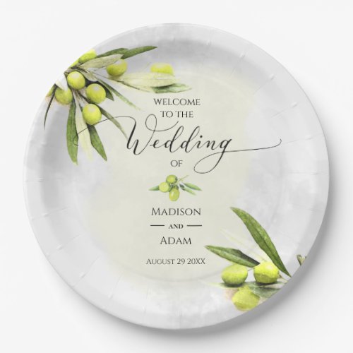 Elegant Watercolor Olive Branches Wedding Paper Plates