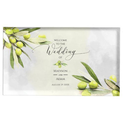 Elegant Watercolor Olive Branches Wedding Place Card Holder