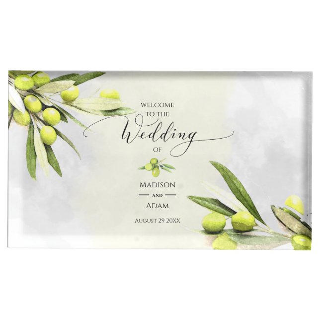 Elegant Watercolor Olive Branches Wedding Place Card Holder (Front)