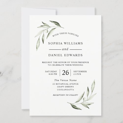 Elegant Watercolor Olive Green Leaf Wedding Invitation