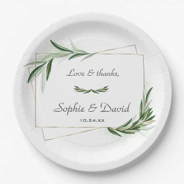 Elegant Watercolor Olive Greenery Gold Wedding Paper Plates (Front)