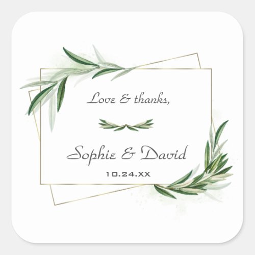 Elegant Watercolor Olive Greenery Gold Wedding Square Sticker