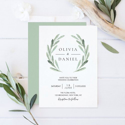 Elegant Watercolor Olive Leaf Wreath Green Wedding Invitation