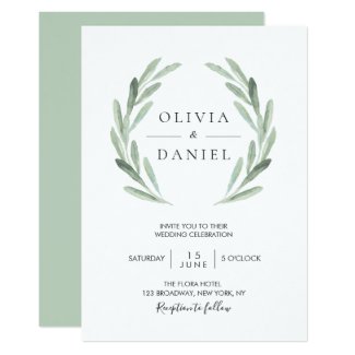 Elegant Watercolor Olive Leaf Wreath Green Wedding Invitation