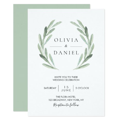 Elegant Watercolor Olive Leaf Wreath Green Wedding Invitation