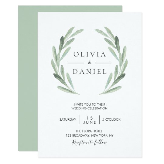 elegant watercolor olive leaf wreath green wedding invitation
