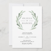 Elegant Watercolor Olive Leaf Wreath Green Wedding Invitation (Front)