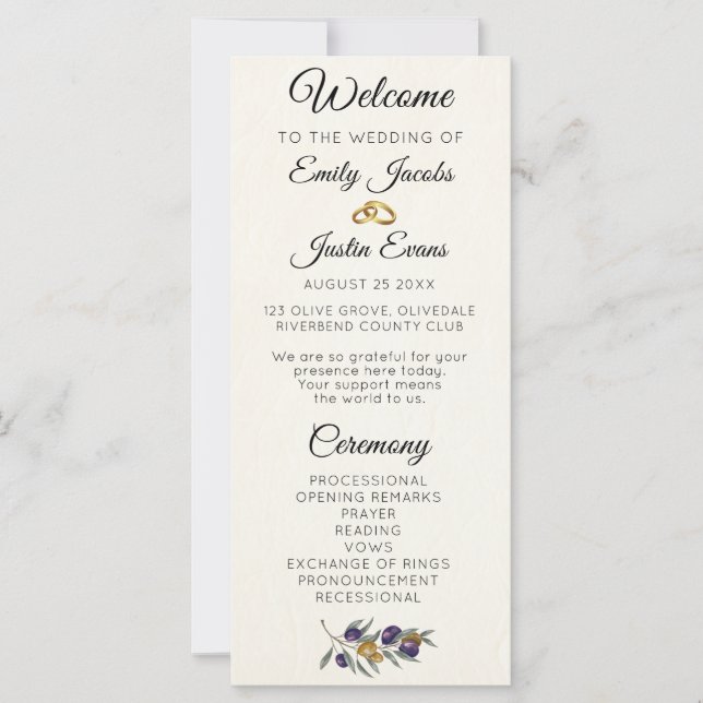 Elegant Watercolor Olive Wedding Program (Front)