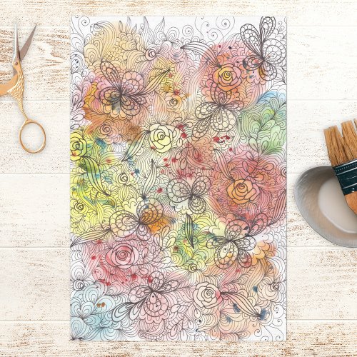 Elegant Watercolor Ombre and Ink Floral Doodle Tissue Paper