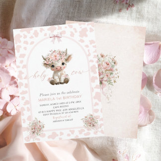 Elegant  Watercolor One 1st Birthday holy cow girl Invitation