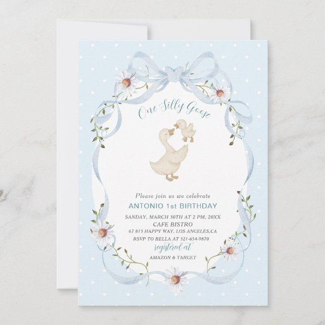 Elegant  Watercolor One 1st Birthday silly goose B Invitation (Front)