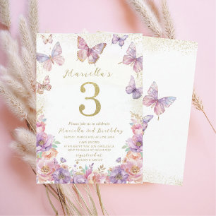Elegant Watercolor One 3rd Birthday Butterfly Gir Invitation