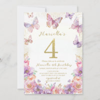 Elegant Watercolor One 4th Birthday Butterfly Gir