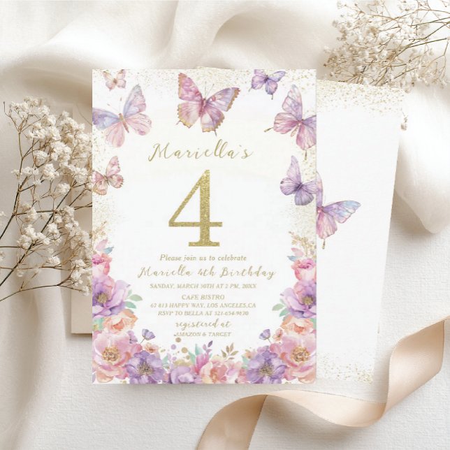 Elegant  Watercolor One 4th Birthday Butterfly Gir Invitation (Creator Uploaded)