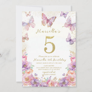 Elegant  Watercolor One 5th Birthday Butterfly Gir Invitation