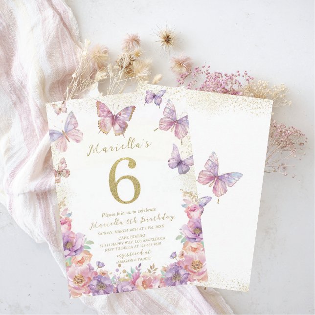 Elegant  Watercolor One 6th Birthday Butterfly Gir Invitation (Creator Uploaded)