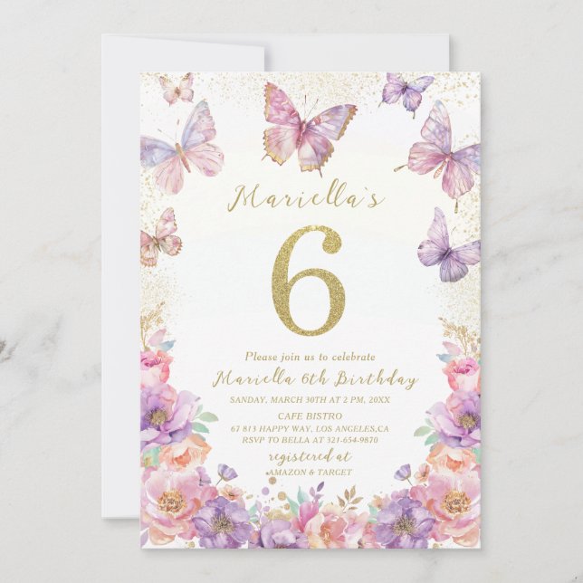 Elegant  Watercolor One 6th Birthday Butterfly Gir Invitation (Front)