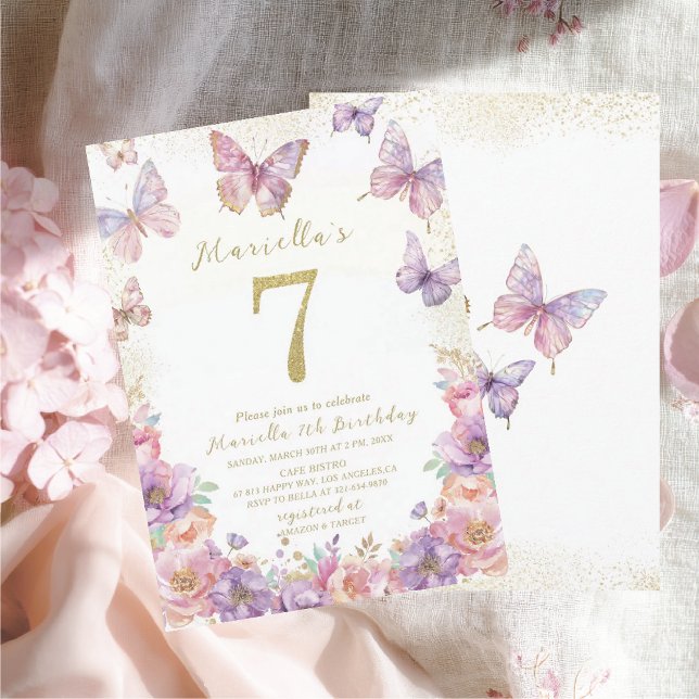 Elegant  Watercolor One 7th Birthday Butterfly Gir Invitation (Creator Uploaded)