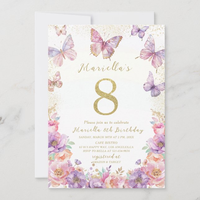 Elegant  Watercolor One 8th Birthday Butterfly Gir Invitation (Front)