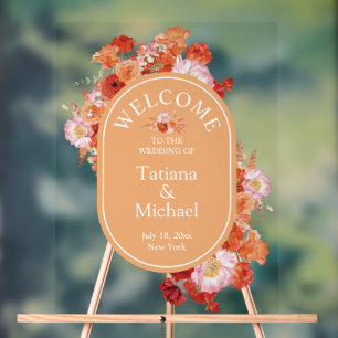 elegant watercolor orange floral welcome wedding acrylic sign