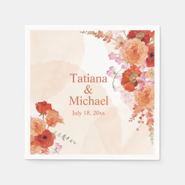 elegant watercolor orange flowers stylish wedding  napkins (Front)