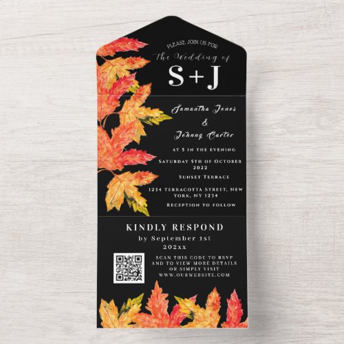 Elegant Watercolor Orange Leaves Wedding RSVP All In One Invitation