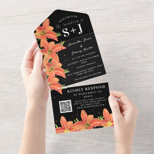 Elegant Watercolor Orange Lily Floral Wedding RSVP All In One Invitation
